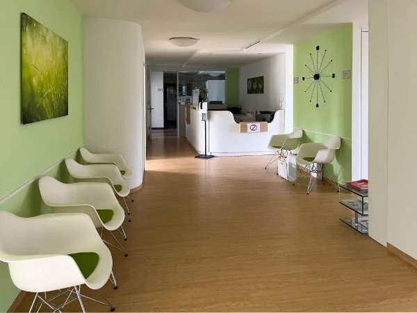 View interior, hallway with white and green walls, white doors and oak parquet flooring.