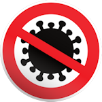Round prohibition sign, white background, red border with black virus symbol, covered with red bar from top left to bottom right.